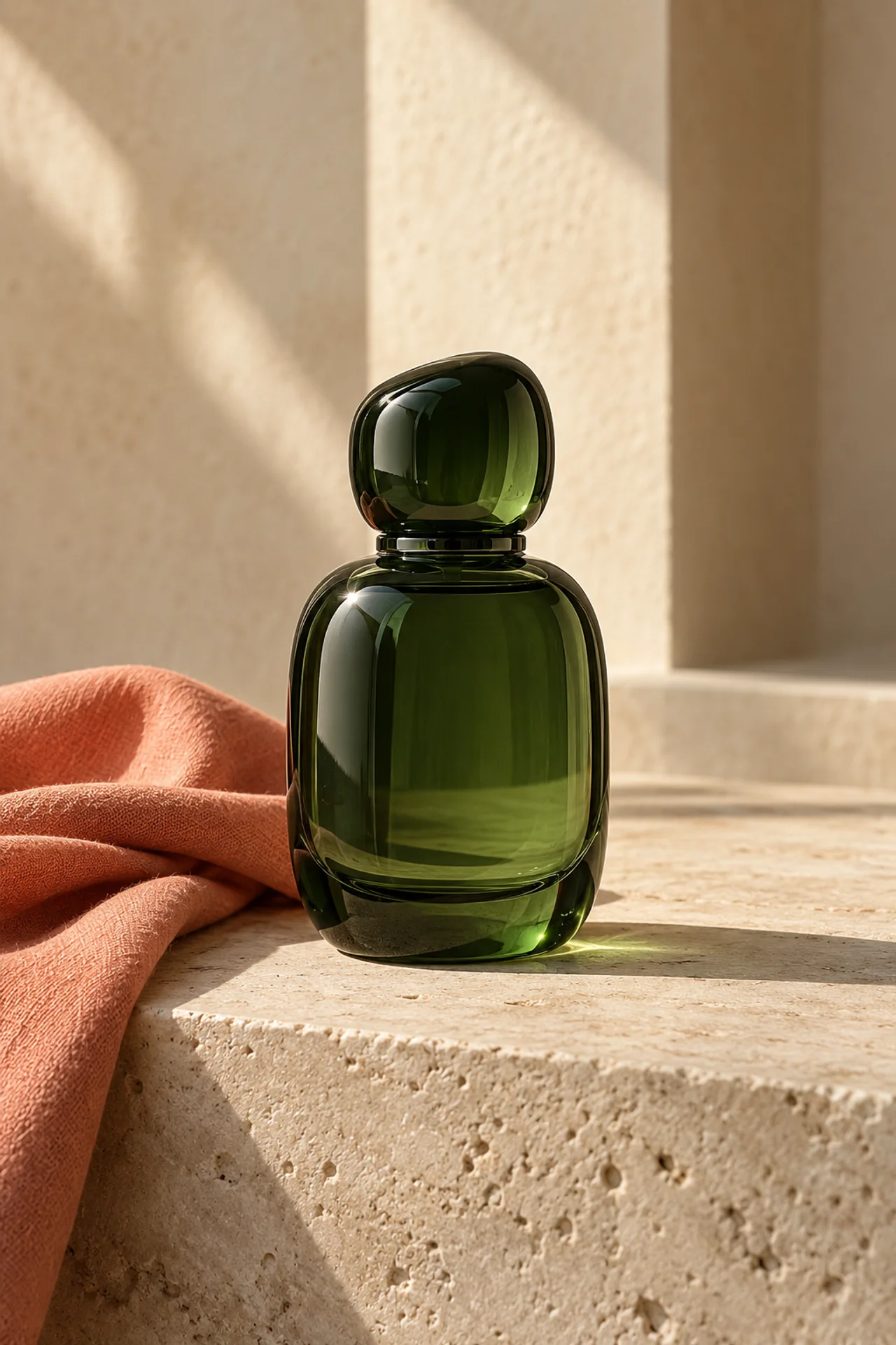 Création photographique IA : flacon de verre vert sur une pierre crème, tissu corail